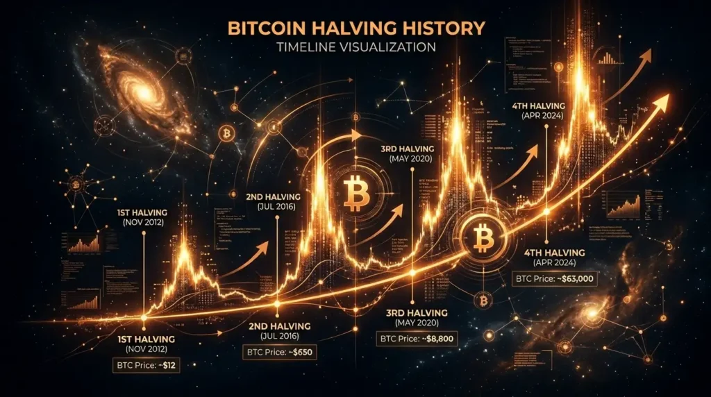 Bitcoin halving history timeline 2012 2016 2020 2024 price bull market after each