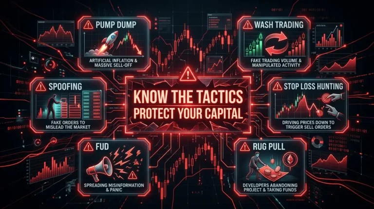 Crypto market manipulation pump dump wash trading spoofing FUD rug pull 2026