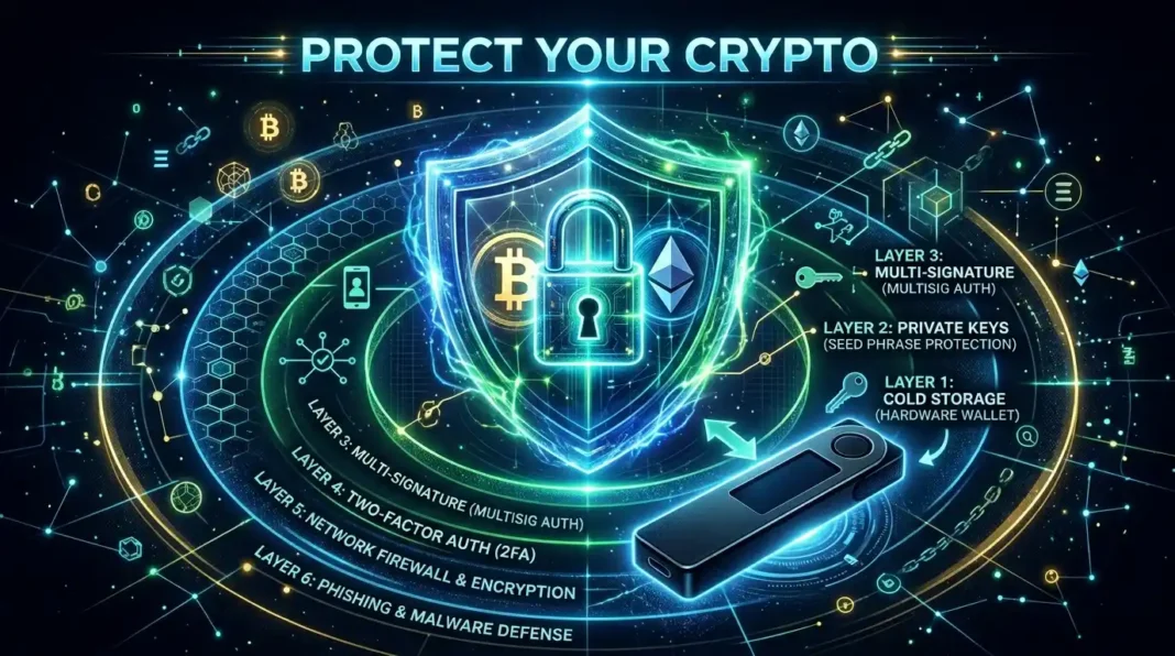 How to Keep Your Crypto Safe: The Complete Security Guide (2026) Crypto security protection shield hardware wallet seed phrase 2FA guide 2026