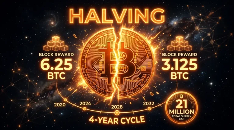 Bitcoin halving explained block reward cut in half 3.125 BTC 2024 2026