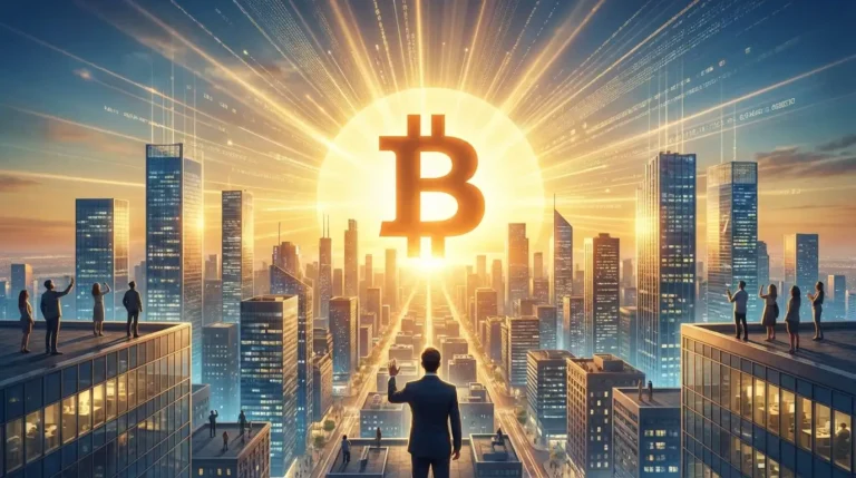 Bitcoin BTC complete guide beginners 2026 rising over city skyline